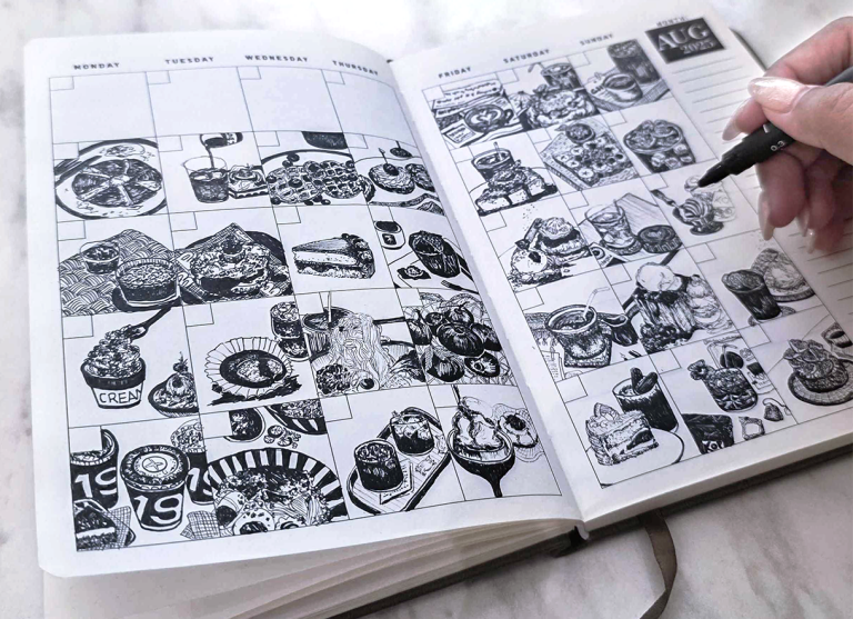 august 2025 drawings of coffee pastry and drinks