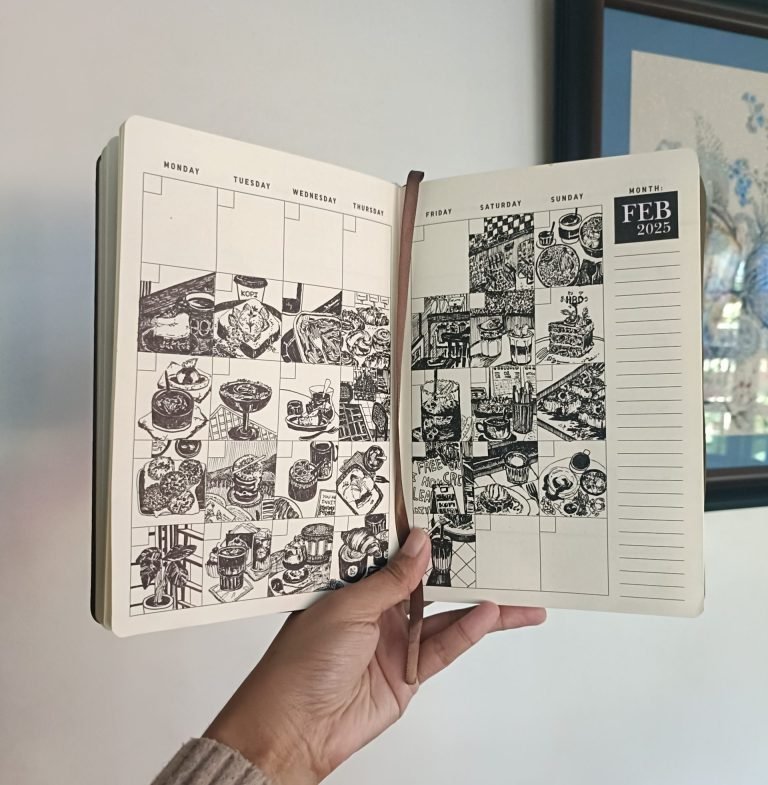 black pen drawings on february 2025 planner